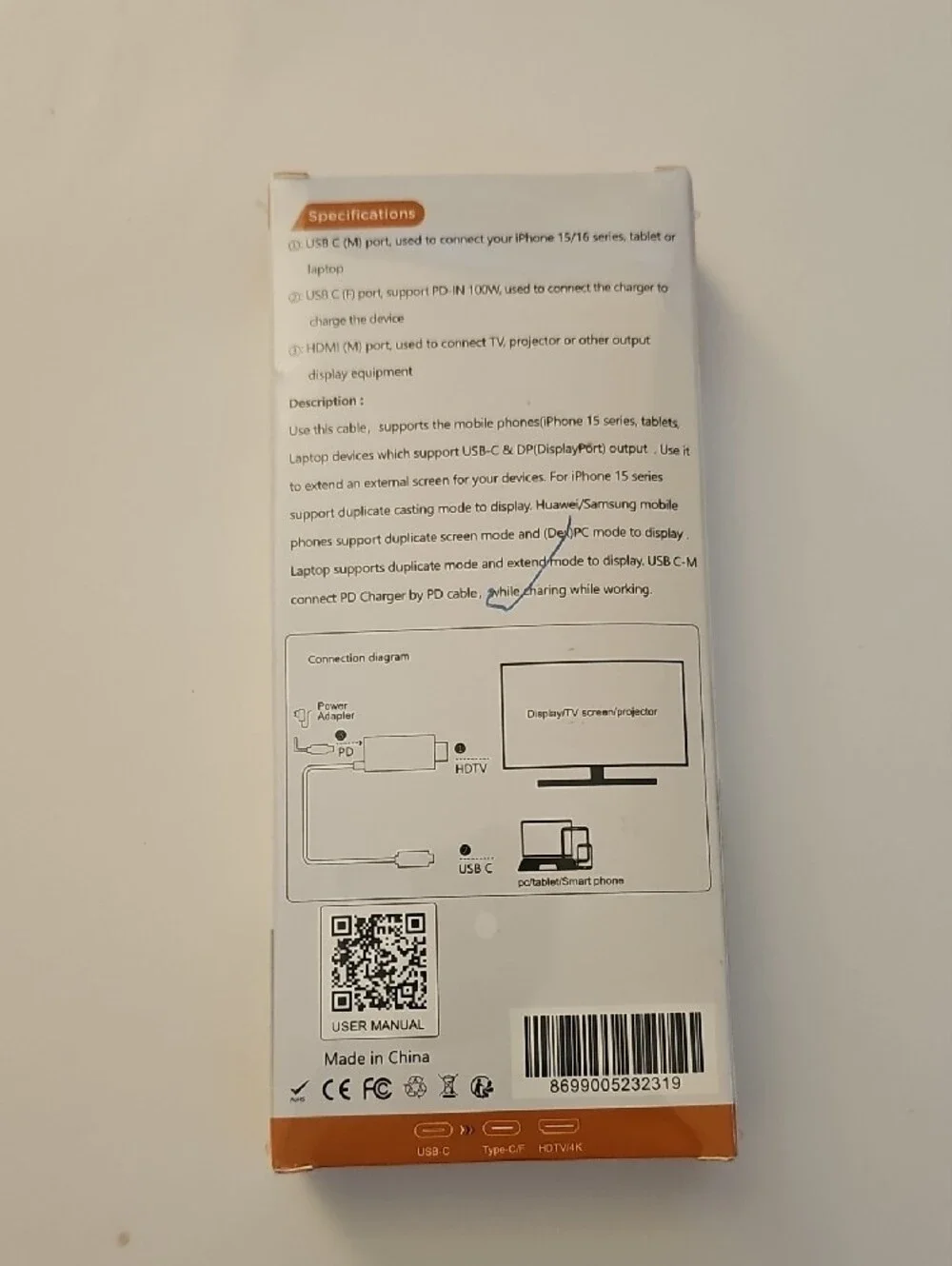 USB-C to HDTV Cable (White) - 4K PD Compatible